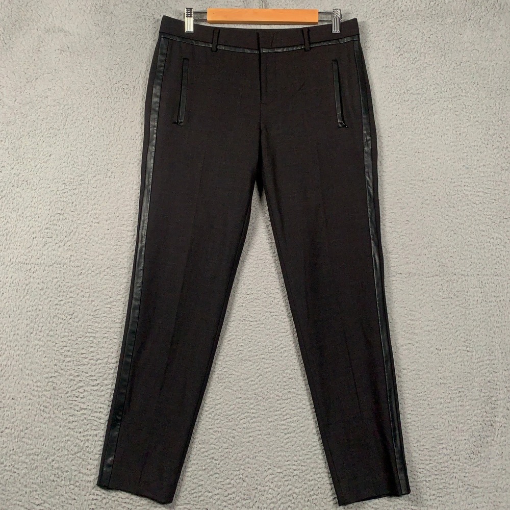 Vince Leather Trim Wool Blend Trousers Womens 6 Black Slim Fit Professional Chic